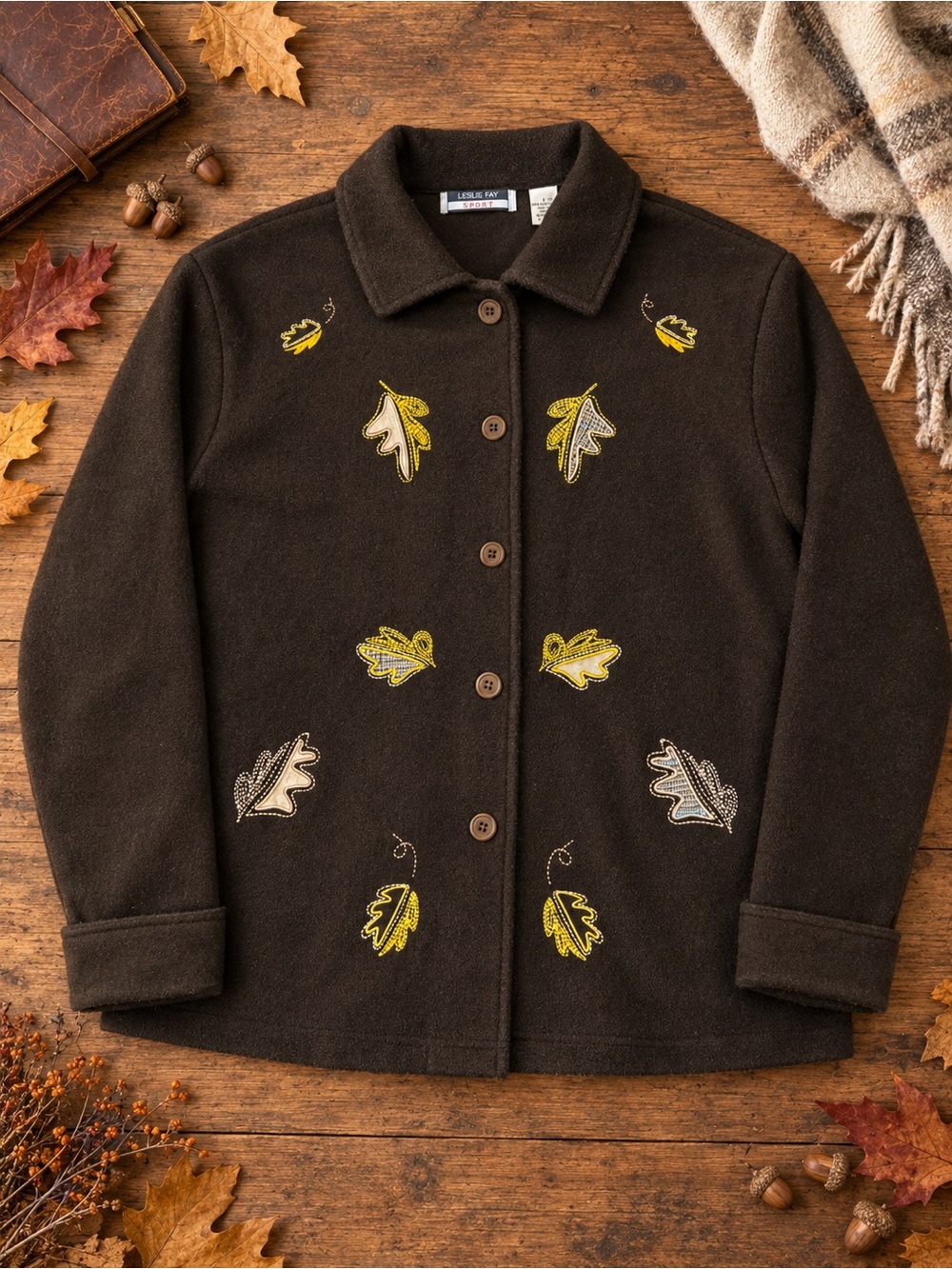 Leslie Fay Dark Brown Pea Coat with Yellow & Cream Leaf Appliqués